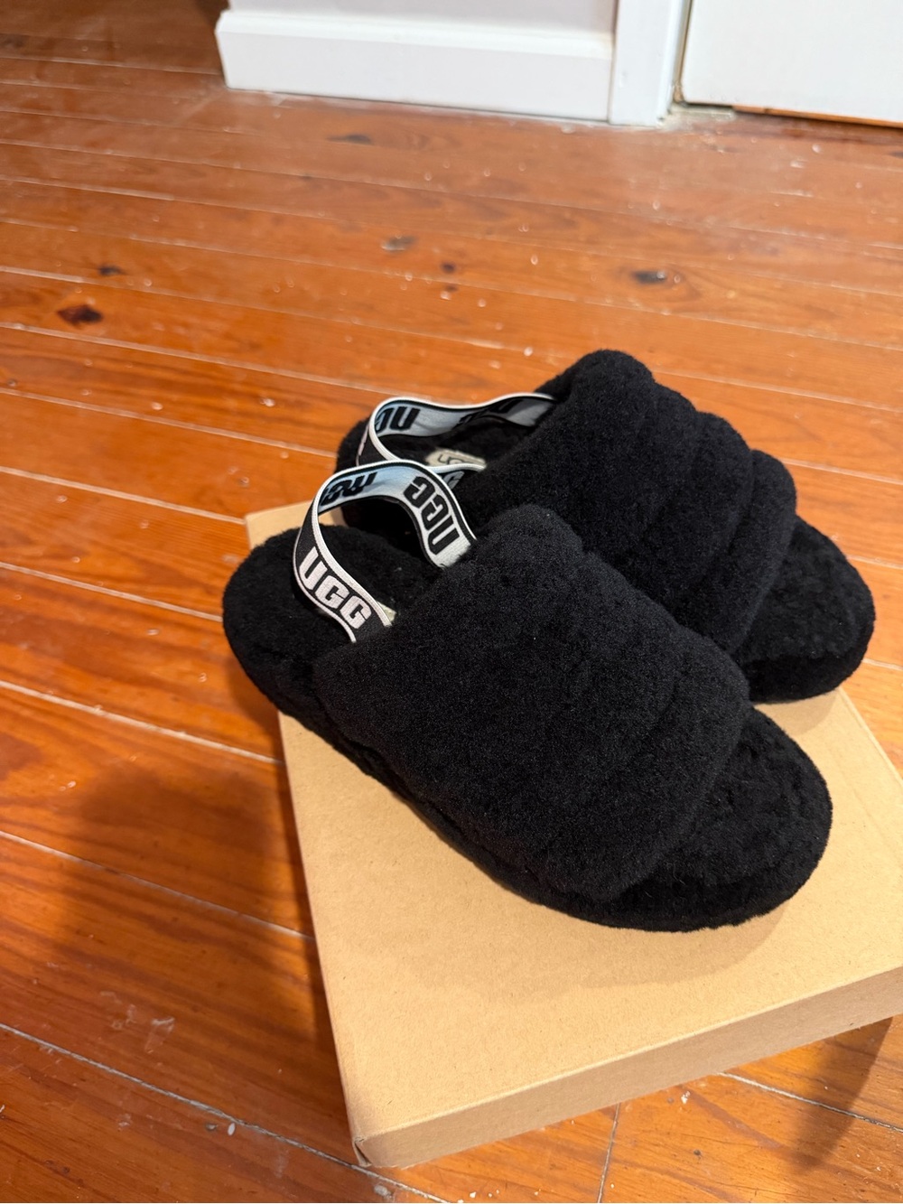 UGG Black Fluff Slide Slippers with Logo Heel Strap